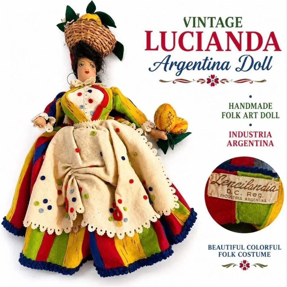 Vintage Lucianda Argentina Folk Art Cloth Doll Fruit Vendor Souvenir Handmade